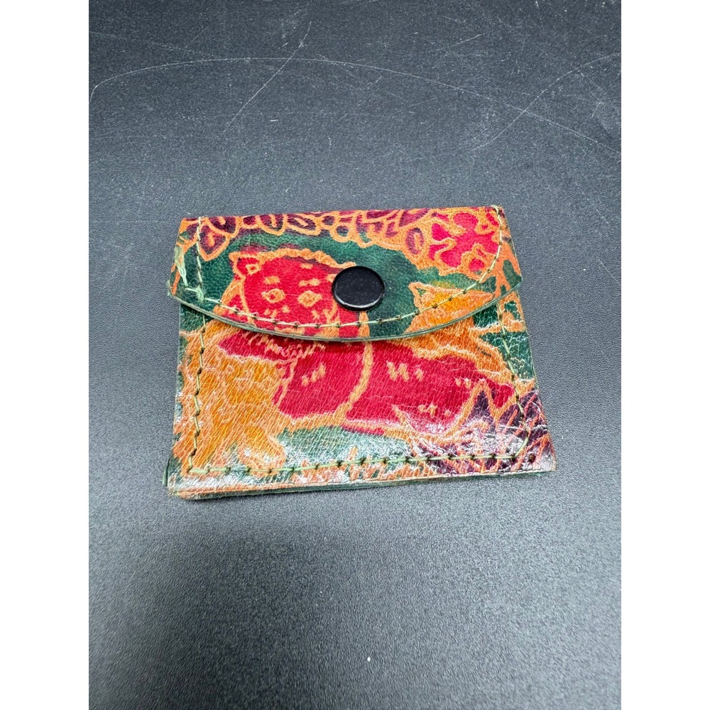 Vintage Tooled Leather Mini Wallet Coin Purse Jungle Cats Snap Closure Floral‎